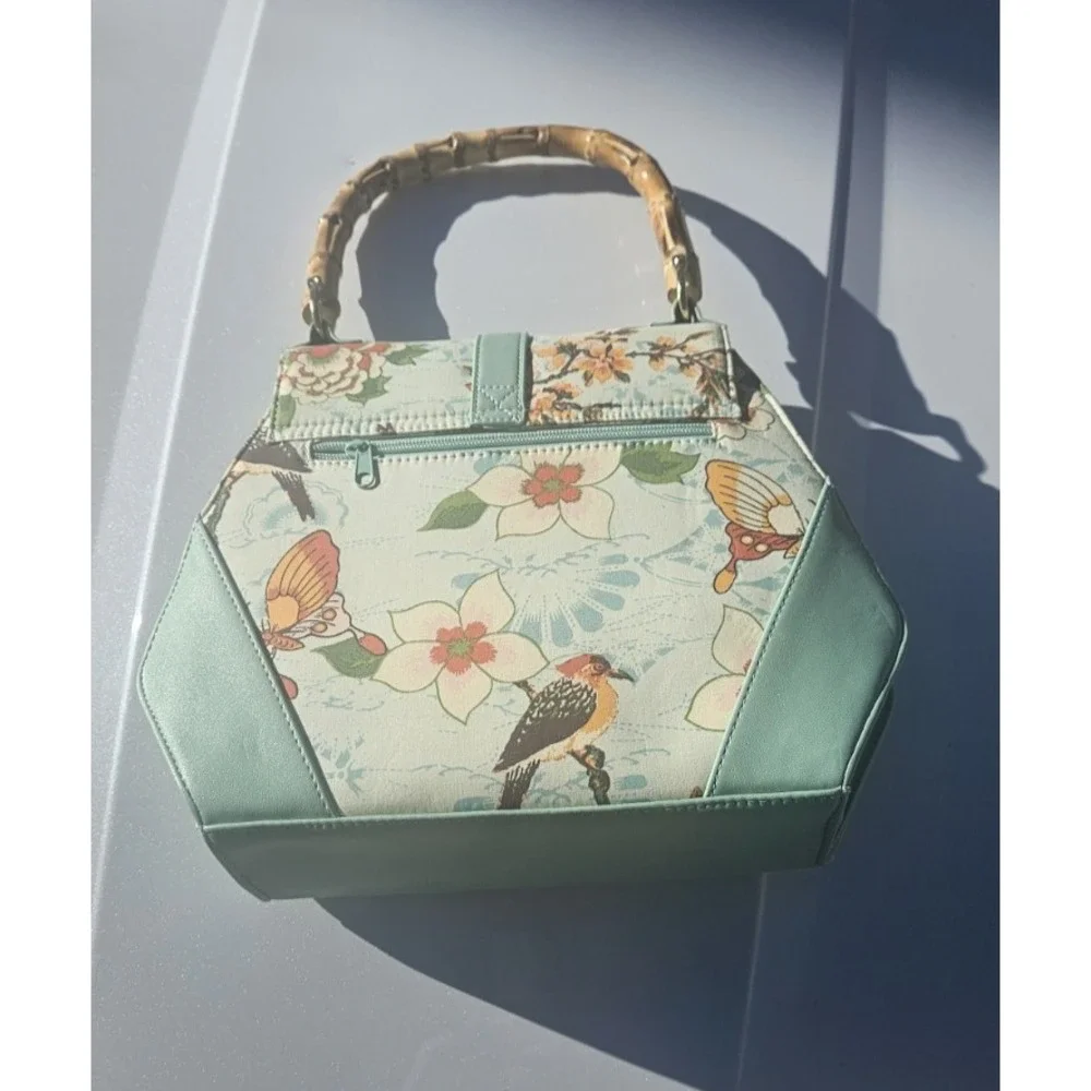 Banned Retro Floral Bamboo Handle Satchel Mint Green Vintage Style Crossbody Bag - Picture 2 of 16